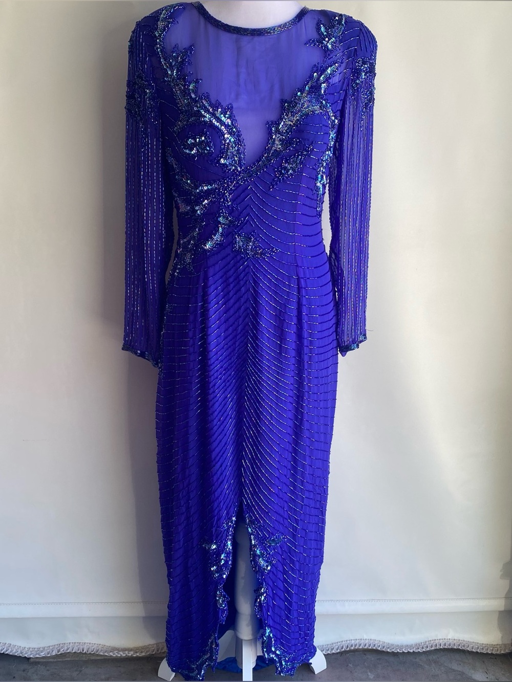 A.J. Bari vintage blue beaded silk floor length gown glamour gala black tie 12